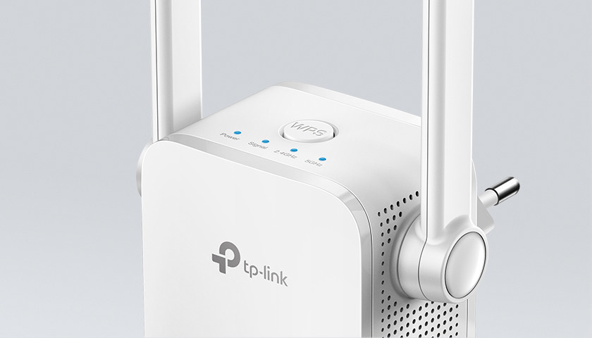 White TP-Link WiFi range extender with antennas and blue indicator lights.