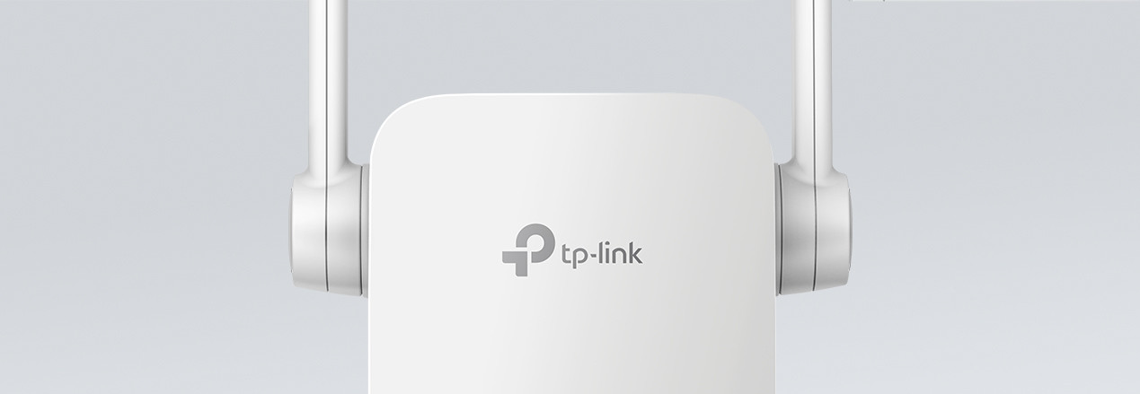 White tp-link router with two antennas. The logo is in the middle.