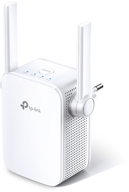 A white TP-Link Wi-Fi extender with antennas, a plug, and indicator lights.