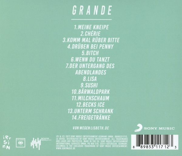 Rückseite eines Albums mit Titelliste und Logo. Das Albumcover ist weiß mit grünem Text.