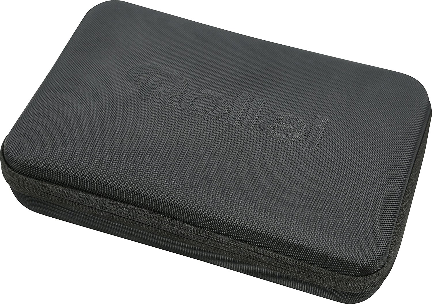 Zwarte, rechthoekige hoes met het woord 'Rollei' in reliëf op de bovenkant.
