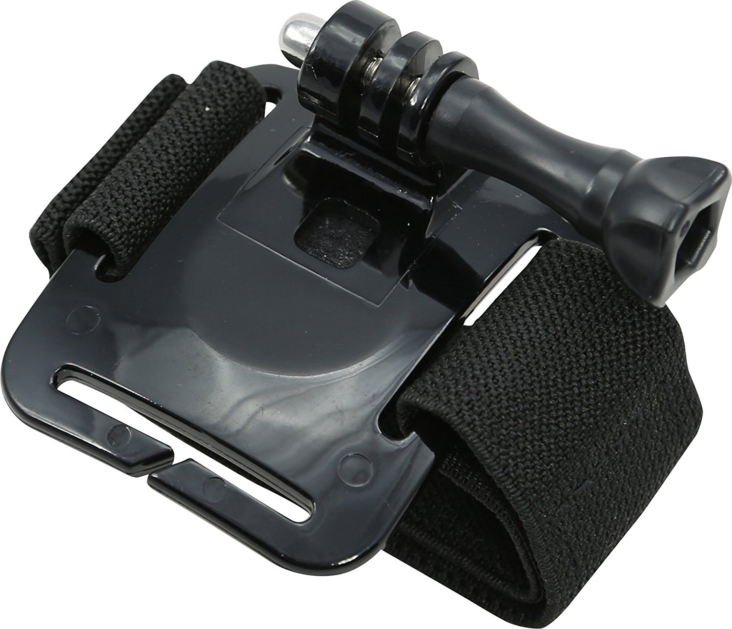 Zwarte polsband met een GoPro-houder, gebruikt voor actiecamera's, tegen een witte achtergrond.
