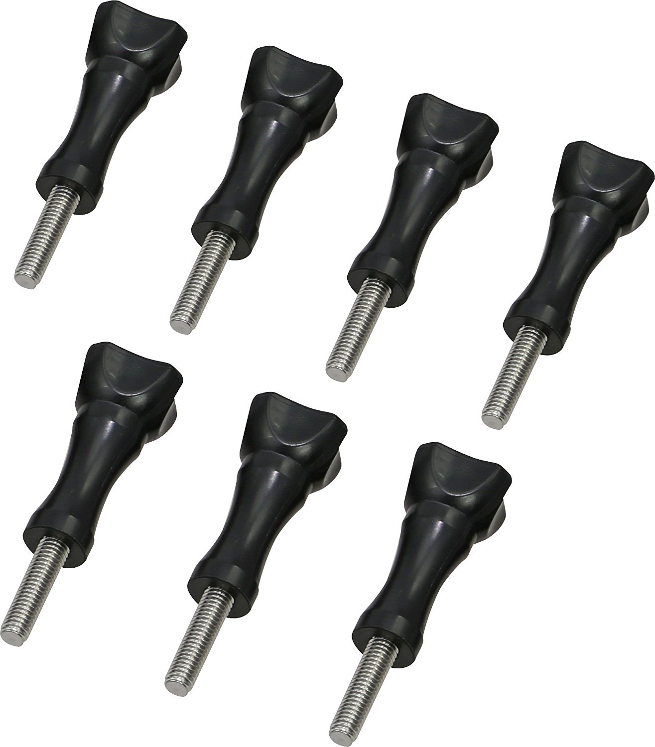 Zeven zwarte cameraschroeven, met een zwarte kop en een metalen schroef.