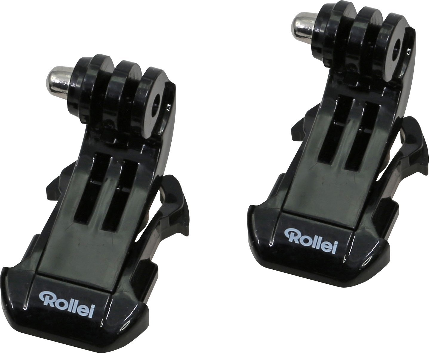 Twee zwarte Rollei action camera mounts met een drietandige connector en de merknaam.
