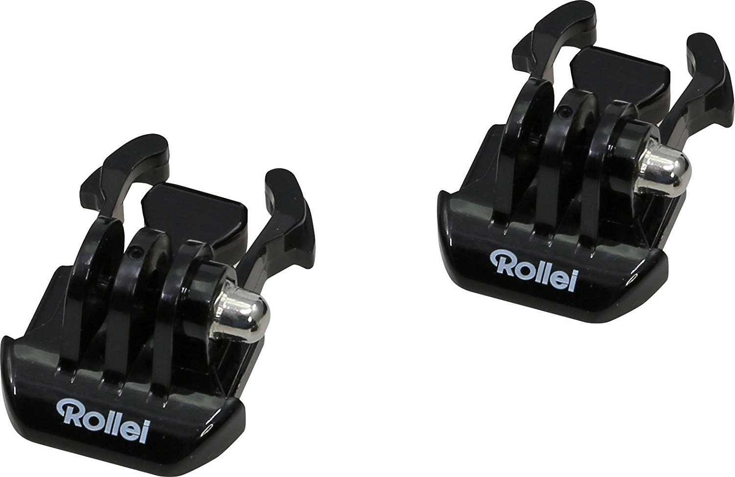 Twee zwarte Rollei action camera mounts. Ze hebben een drietandig ontwerp en het Rollei-logo.