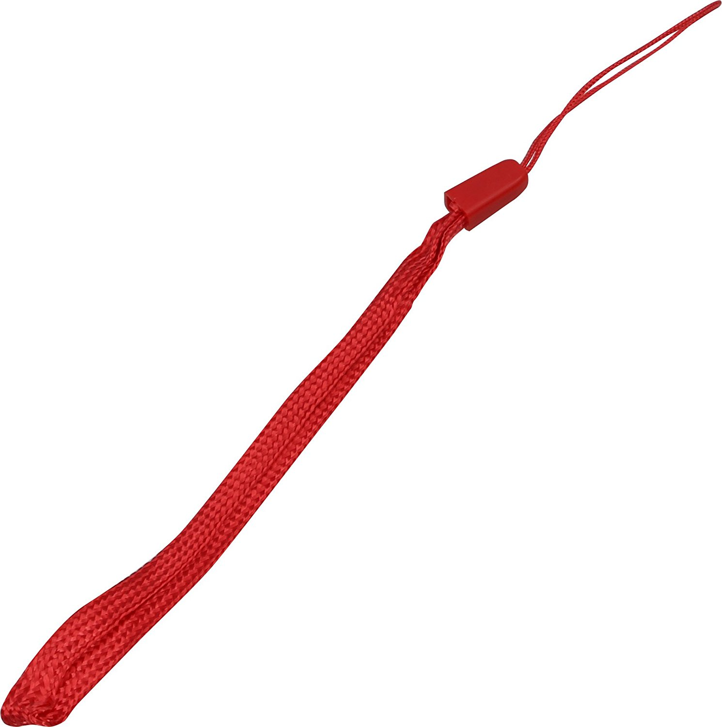 Rode polsband voor camera. Het is een gevlochten bandje met een rood plastic stuk.
