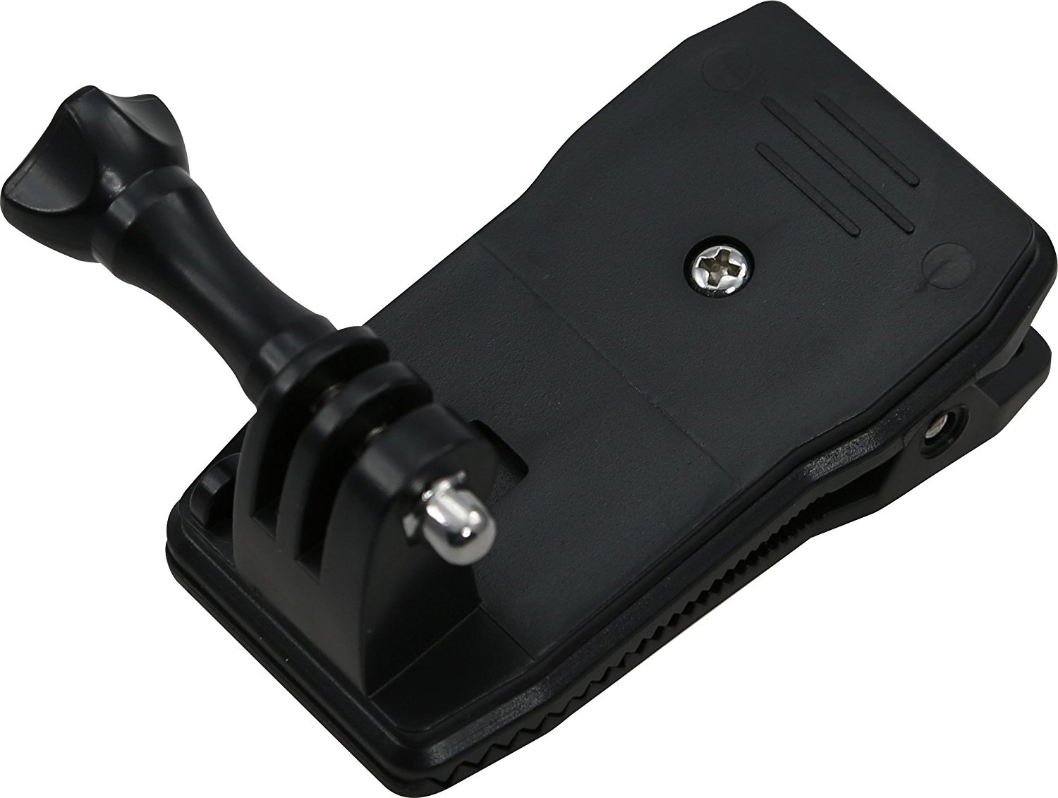 Zwarte GoPro-montageclip. Het heeft een montagearm en een clip voor bevestiging aan objecten.