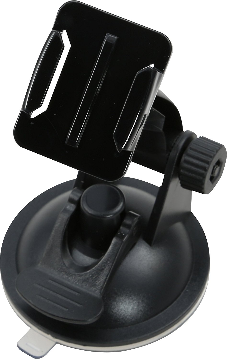 Een zwarte zuignapbevestiging met een montagebeugel. Het is ontworpen om een camera vast te houden.