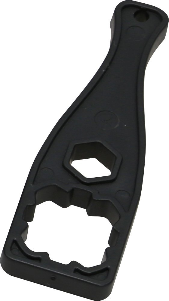 Zwart multi-tool met verschillende openingen, één zeshoekig.