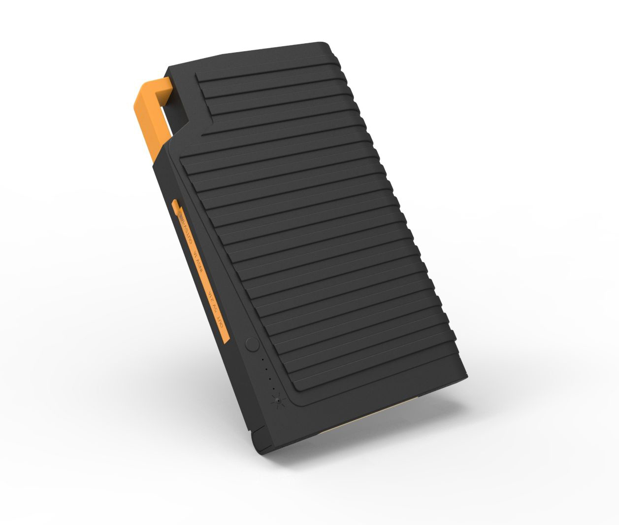Schwarze und orange Powerbank. Rechteckige Form mit Rippen. Oranger Griff. Isoliert auf weißem Hintergrund.
