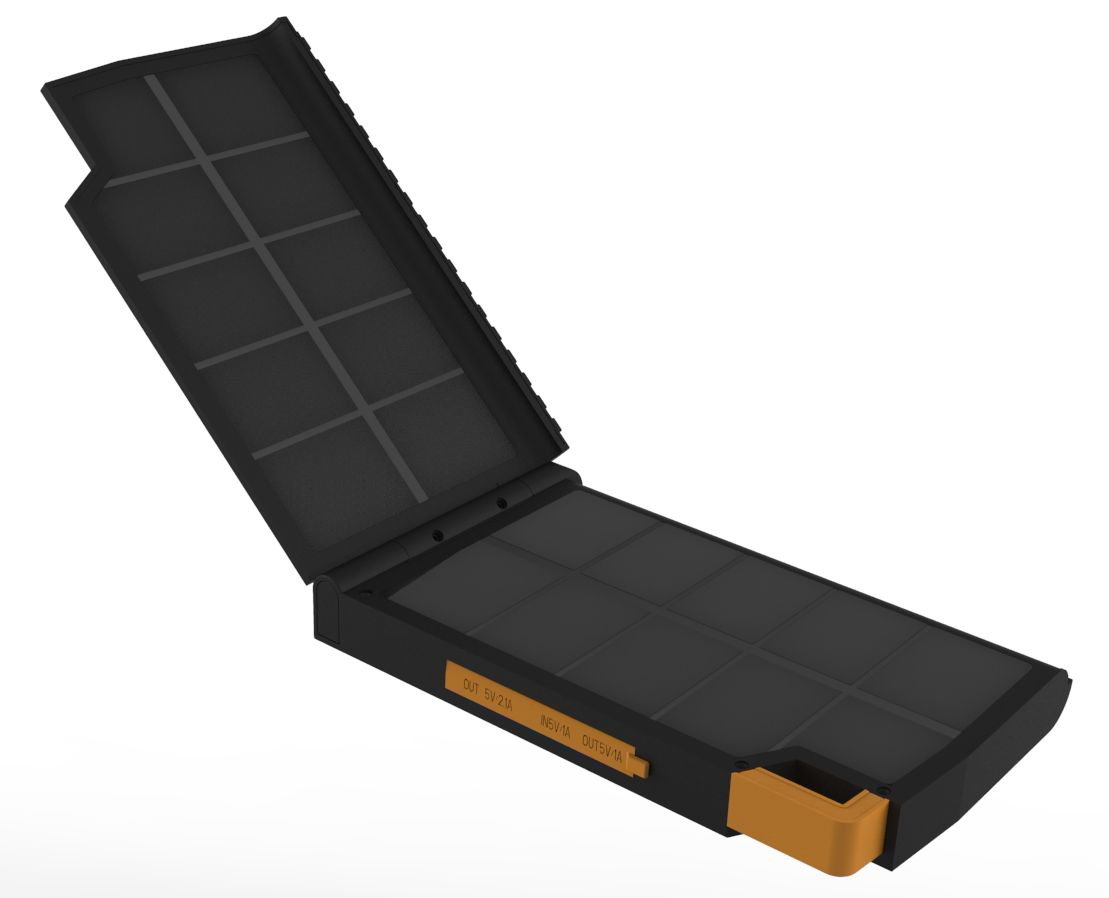 Solar-Ladegerät mit offenen Paneelen. Schwarze und orangefarbene Farben.
