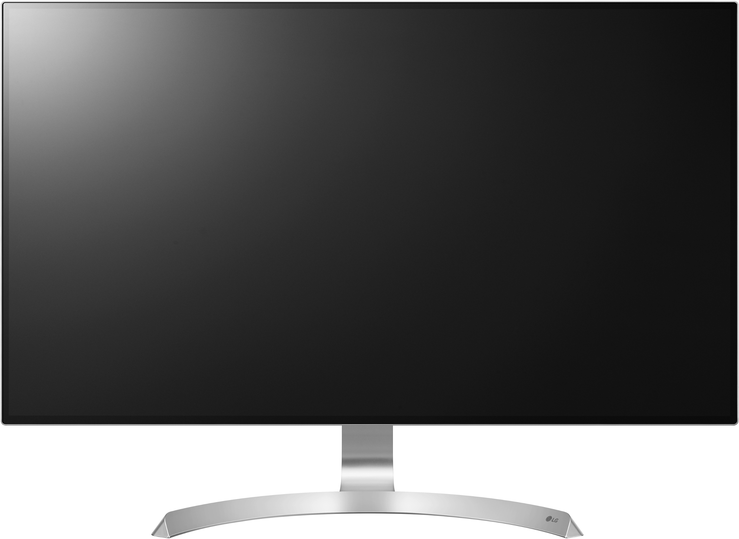 Ein großer, schwarzer LG-Monitor mit silbernem Sockel, der einen leeren Bildschirm zeigt.