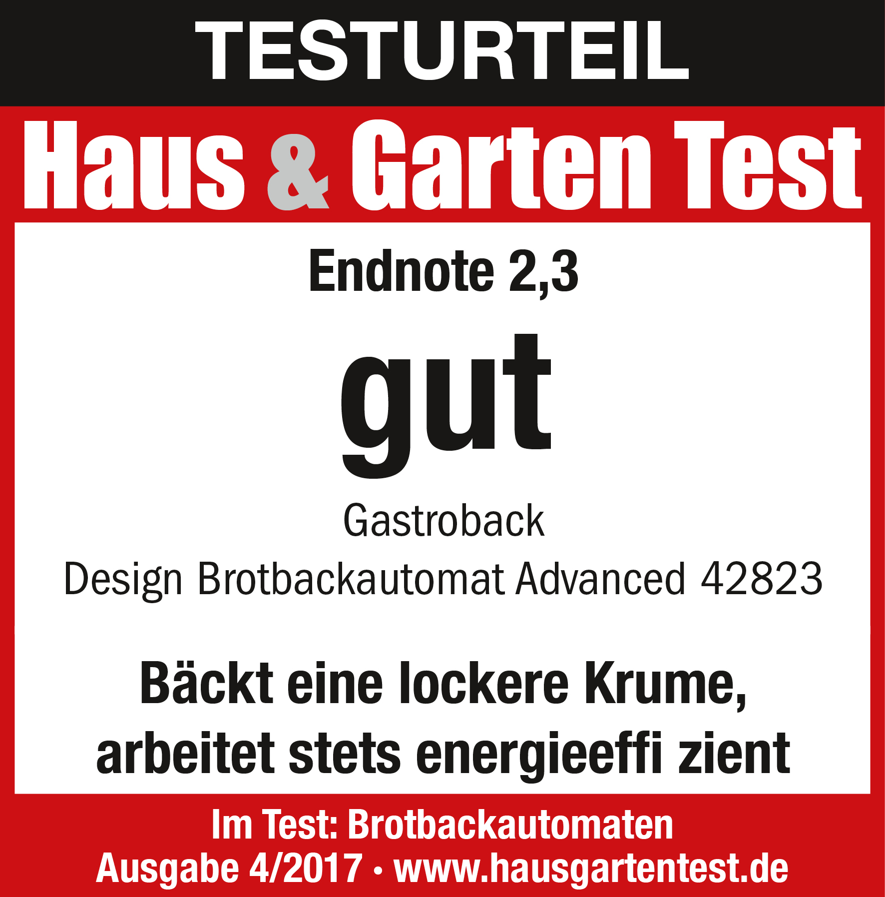 Testergebnis von Haus & Garten Test. Der Text lautet "gut" und hat eine Punktzahl. Weißer Hintergrund.