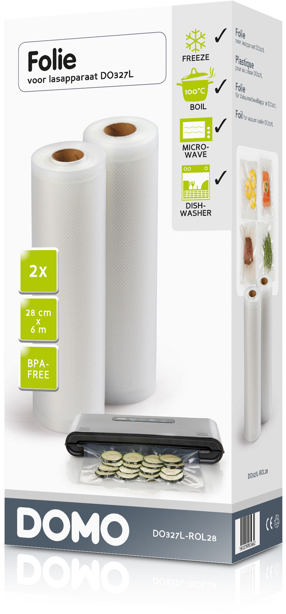 A box of vacuum sealer rolls and a vacuum sealer machine. The box has two rolls visible.