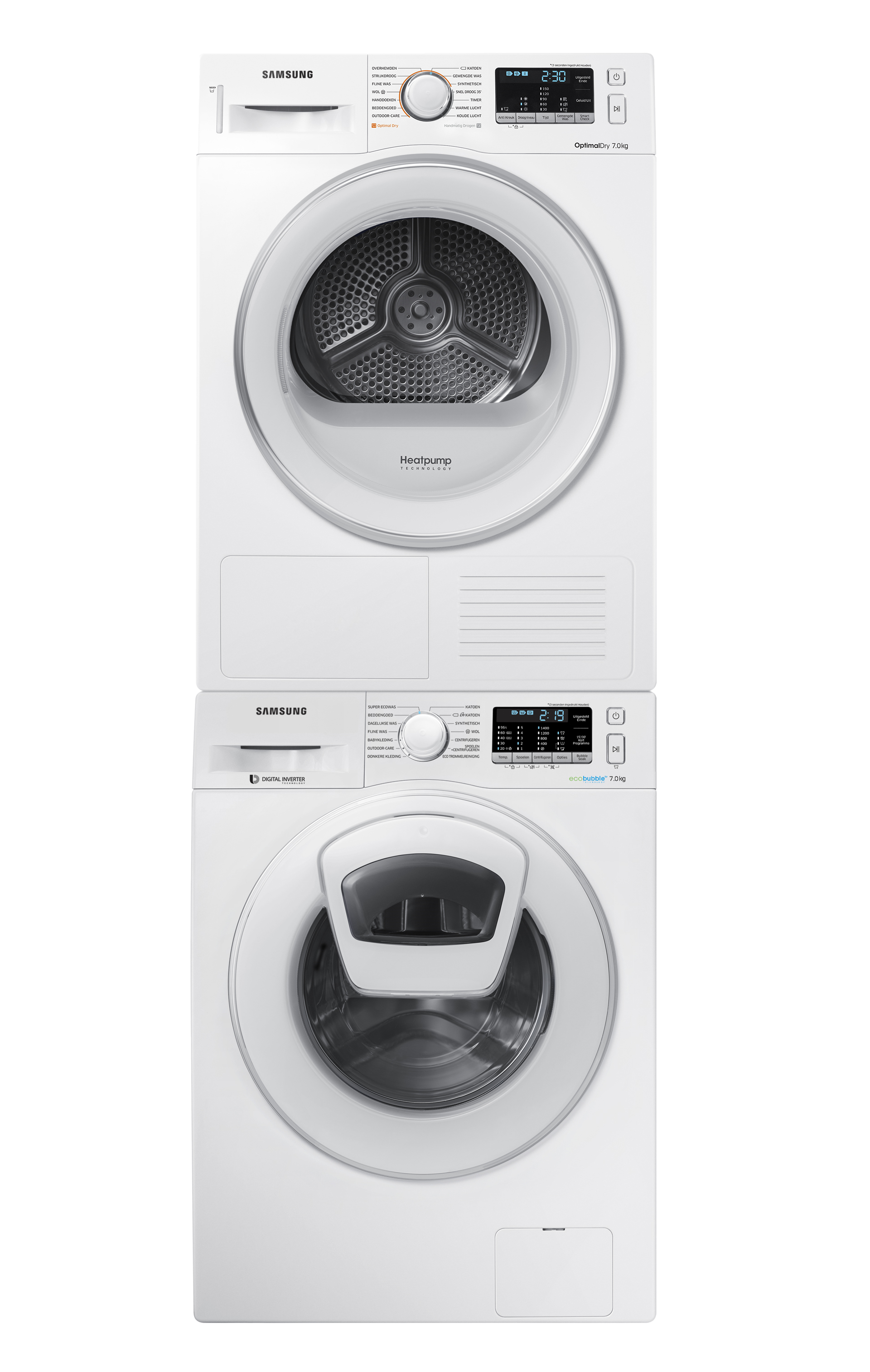 White Samsung washer and dryer stacked. Both are on a white background.
