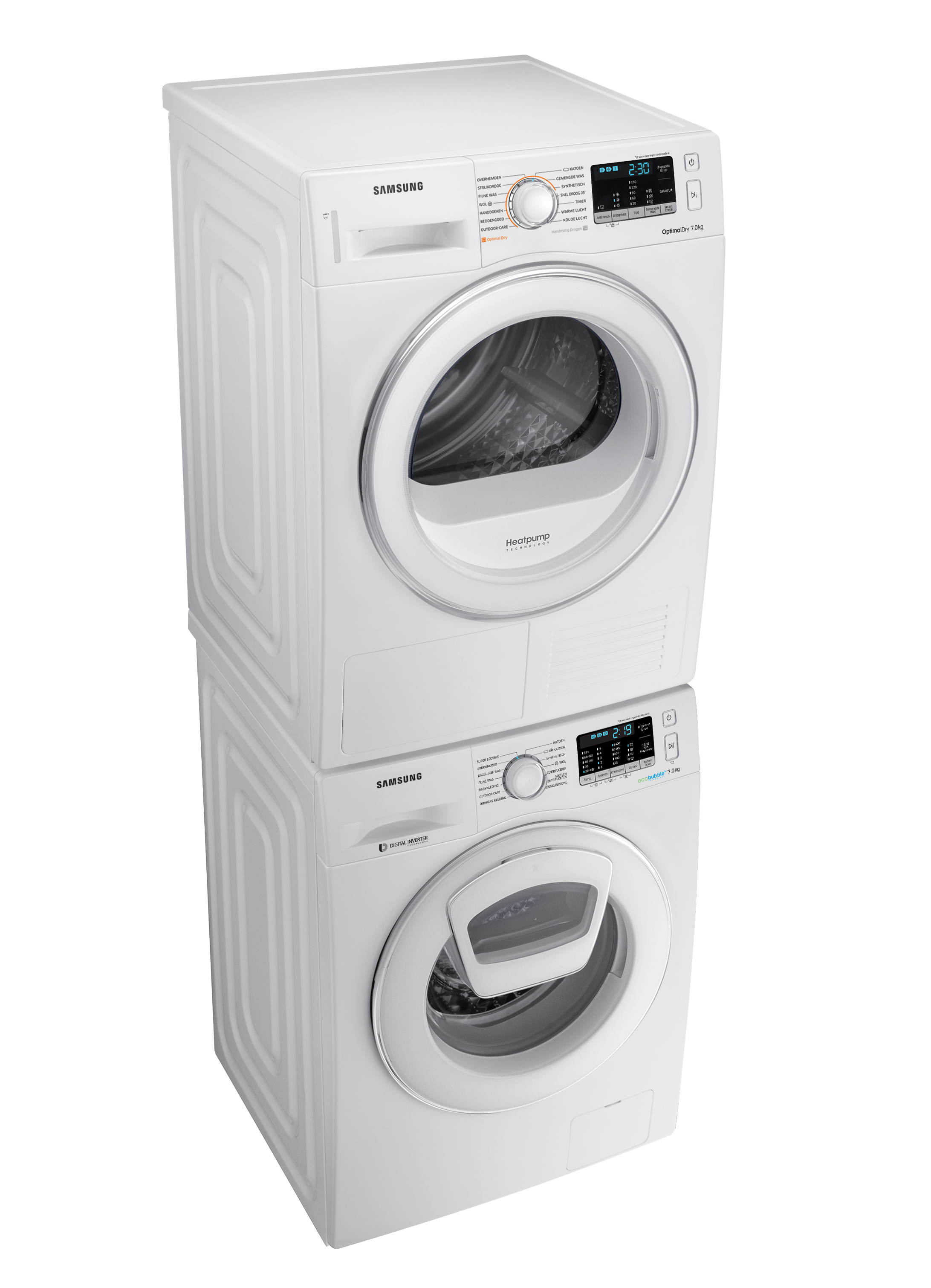 Stacked white Samsung washer and dryer units, with control panels and round doors.