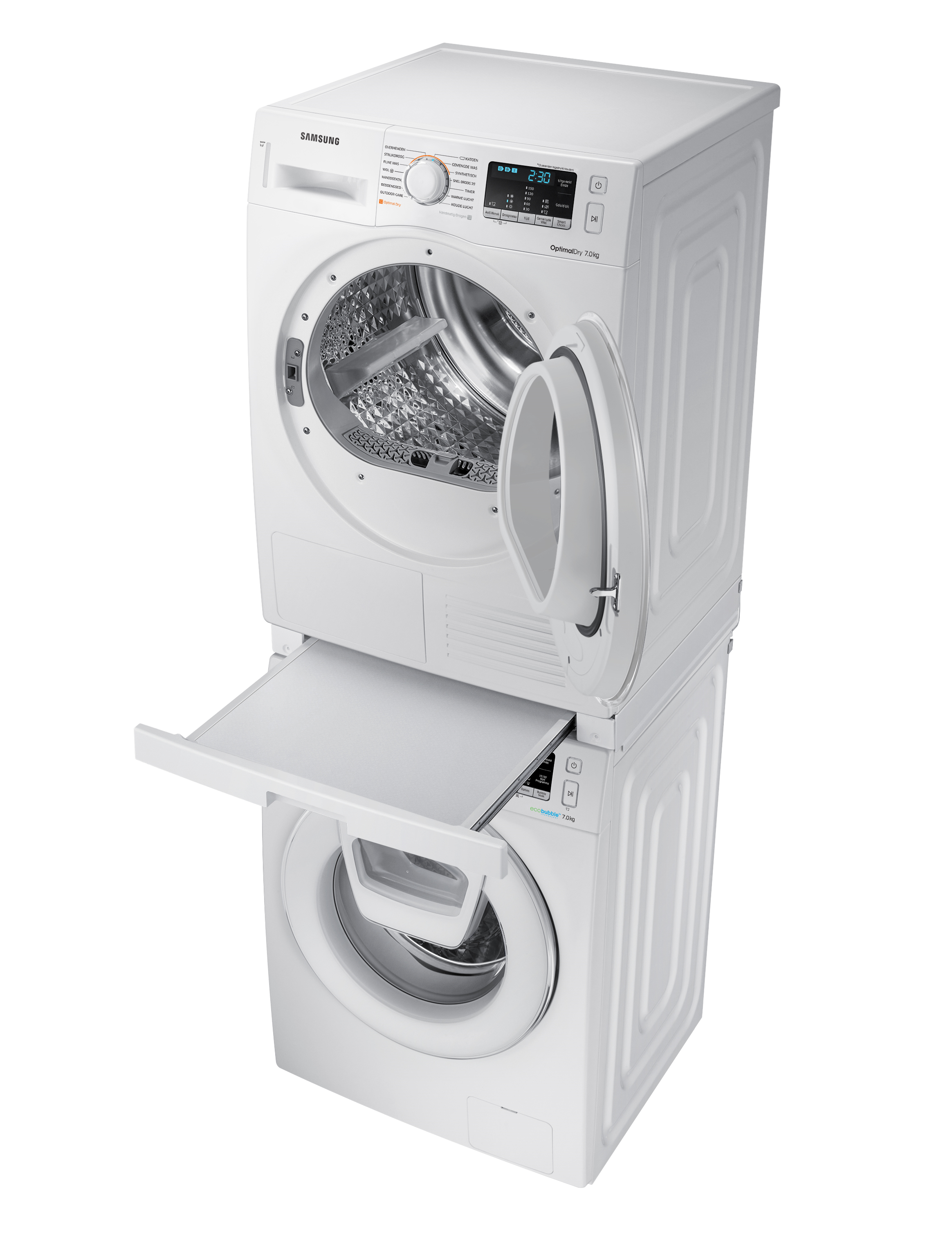 White Samsung washer and dryer stacked. Dryer door is open. Tray is out.