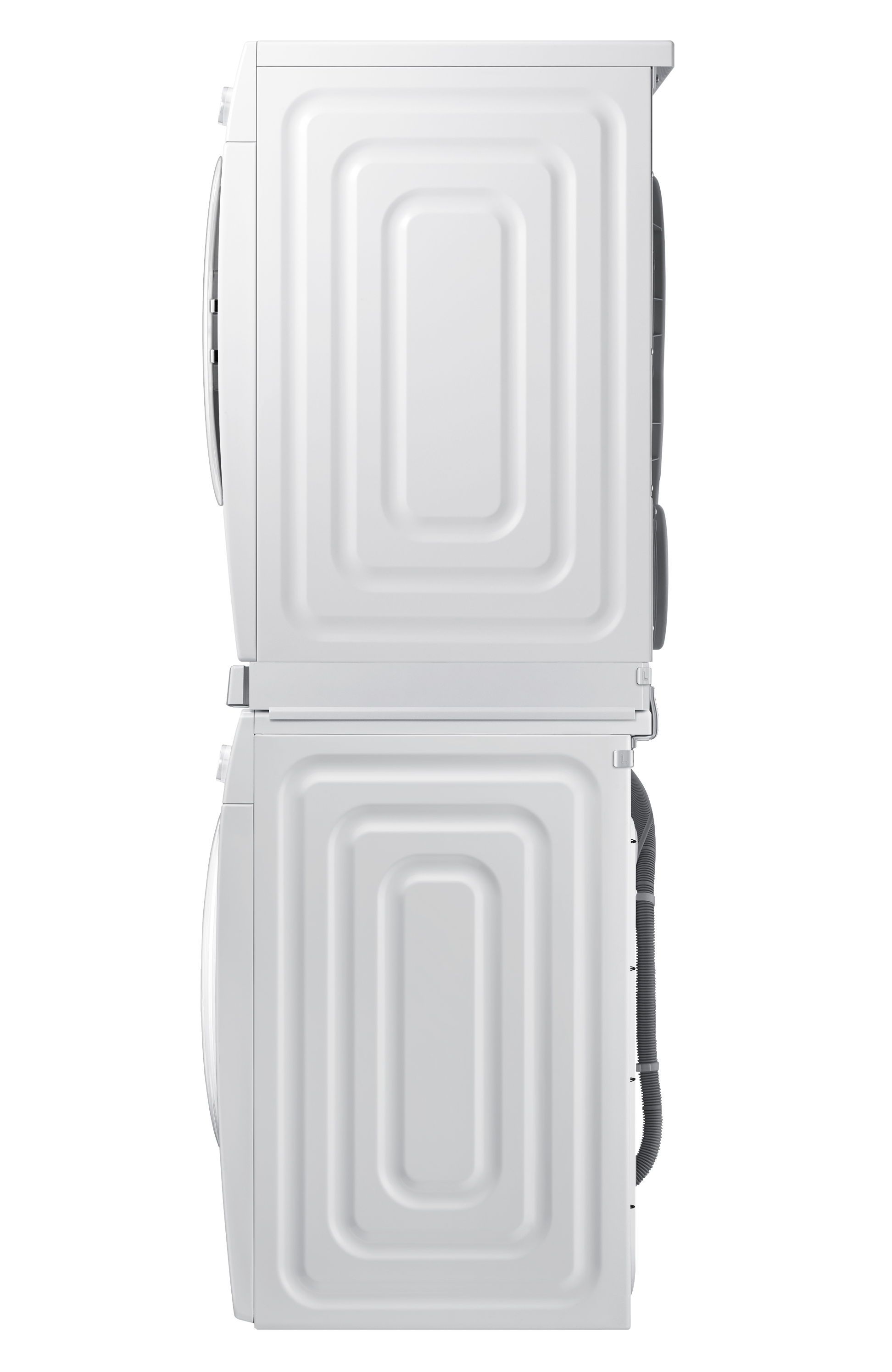 Two white washing machines stacked. Side view, simple design, white background.