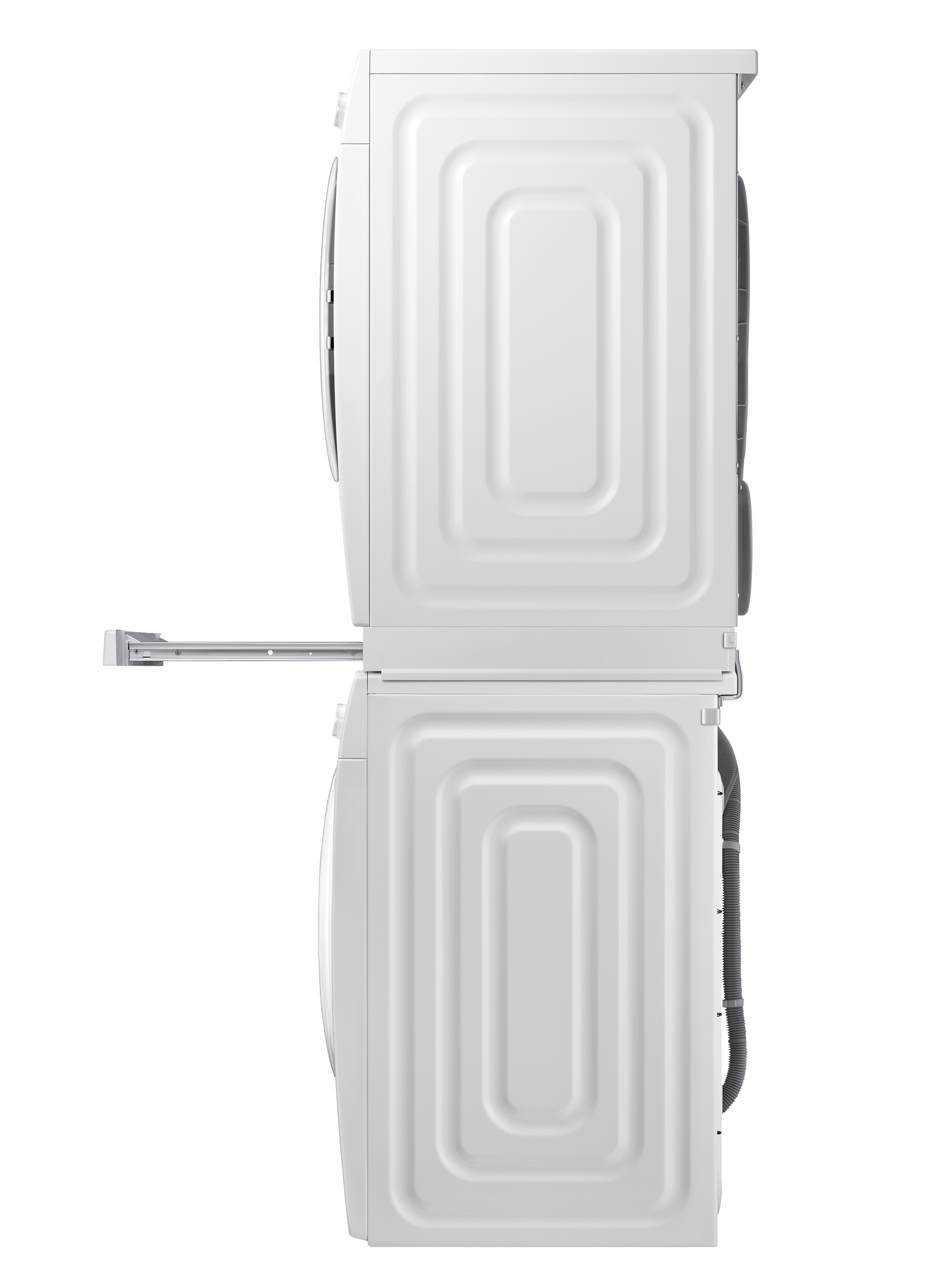 White stacked washing machine and dryer, side view, with a pull-out drawer.