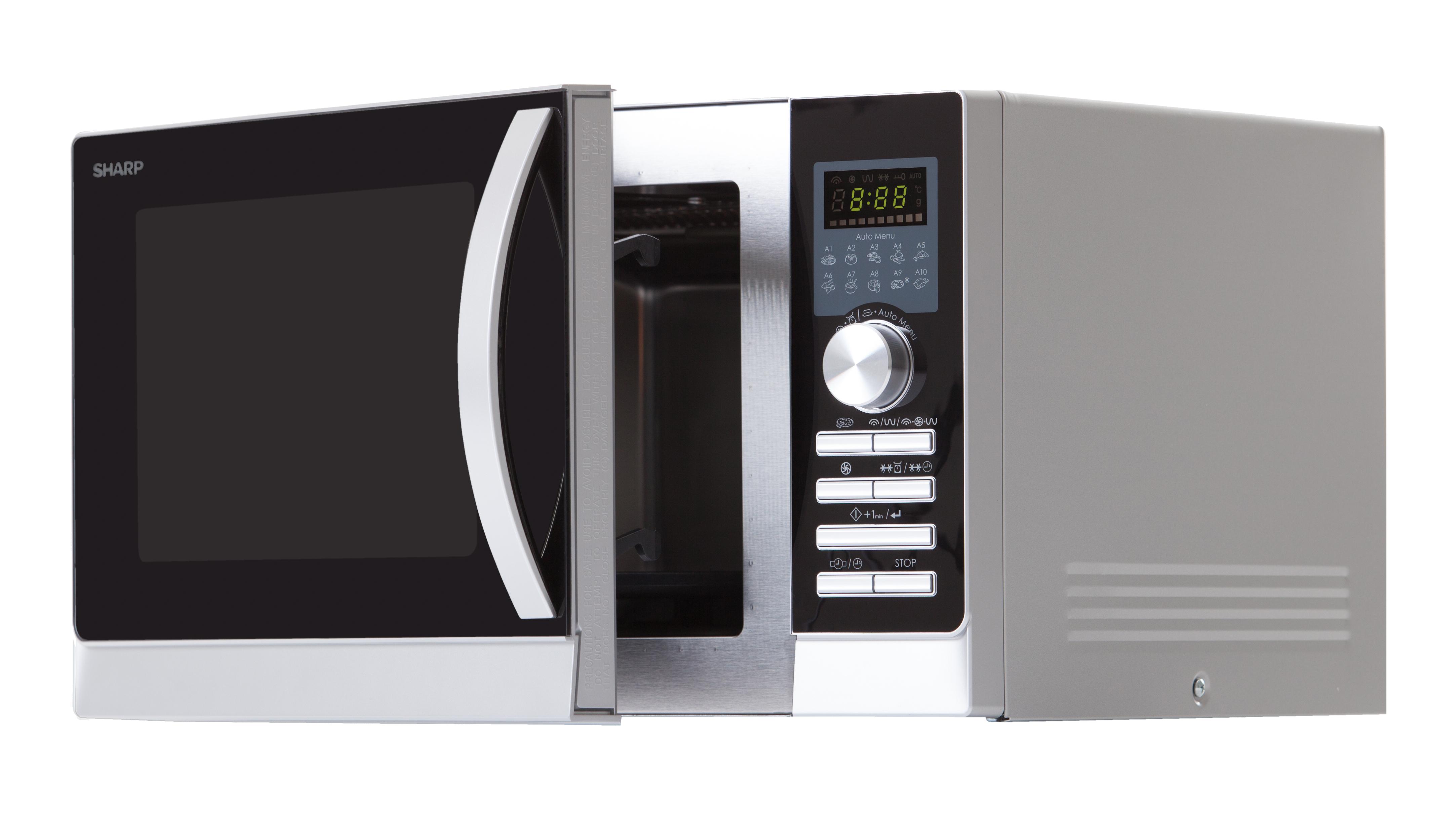 Microwave oven with open door, silver and black. Display shows time. SHARP brand visible.