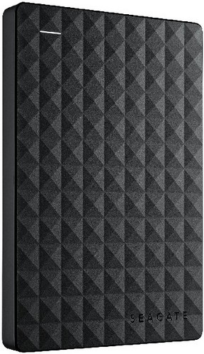 Een zwarte externe harde schijf van Seagate met een getextureerd oppervlak en het Seagate-logo.