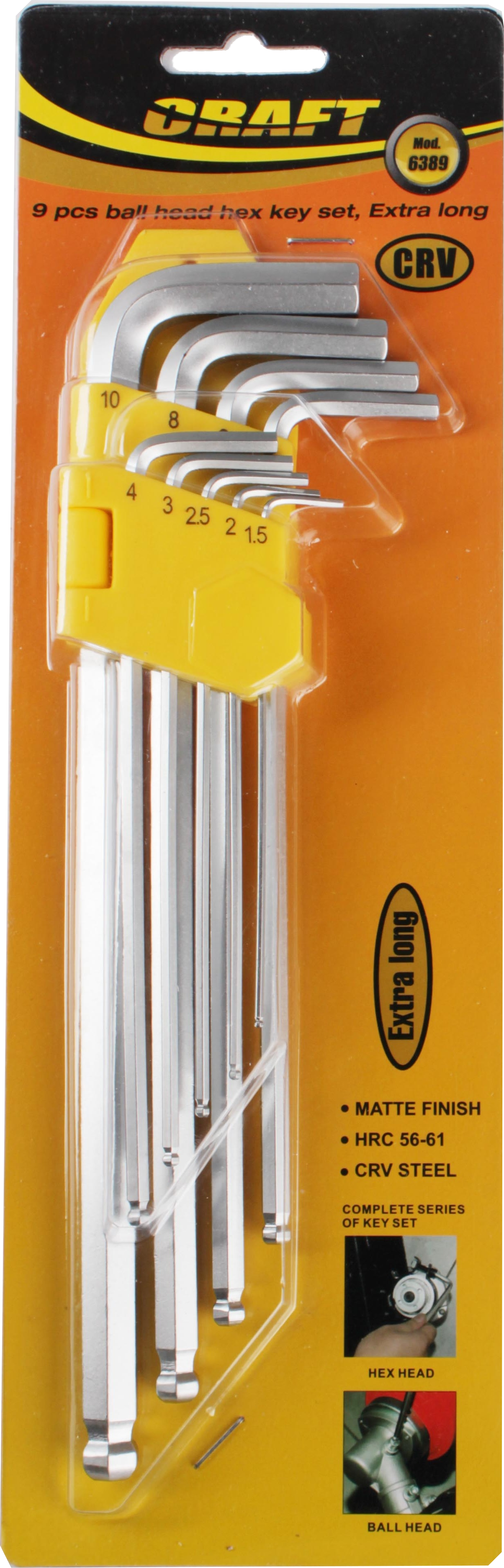 CRAFT 6389 Imbuszkulcs készlet, 9 db-os, gömbvéggel, CRV, extra hosszú