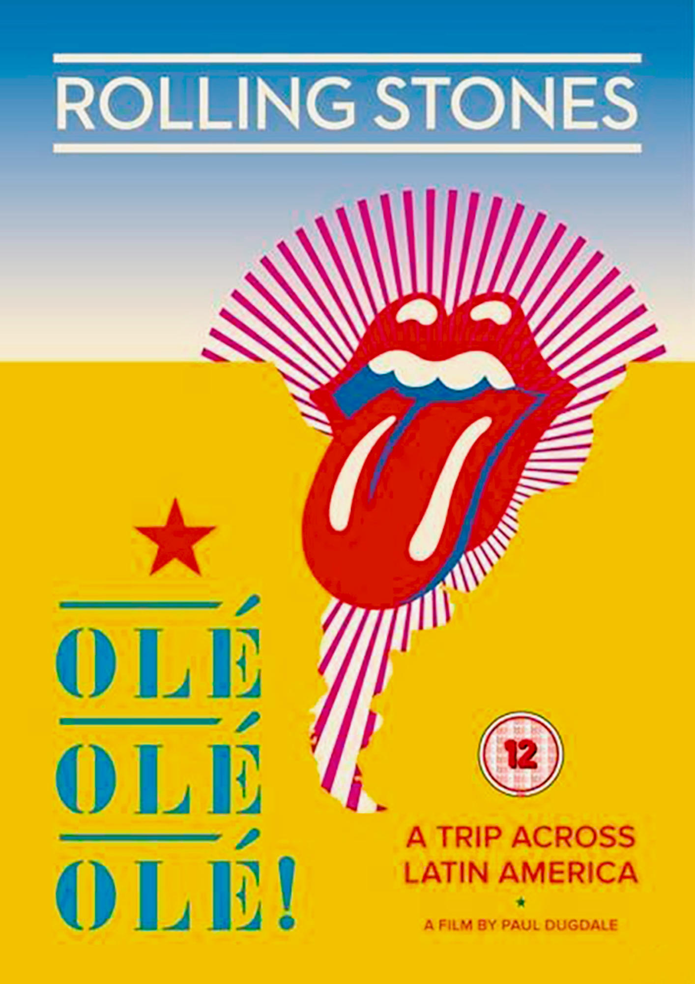 Rolling Stones albumhoes: rood tonglogo over Latijns-Amerika kaart, gele achtergrond.
