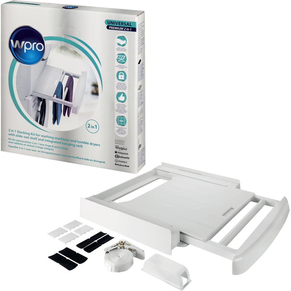 White laundry stacking kit with a drying rack and accessories.