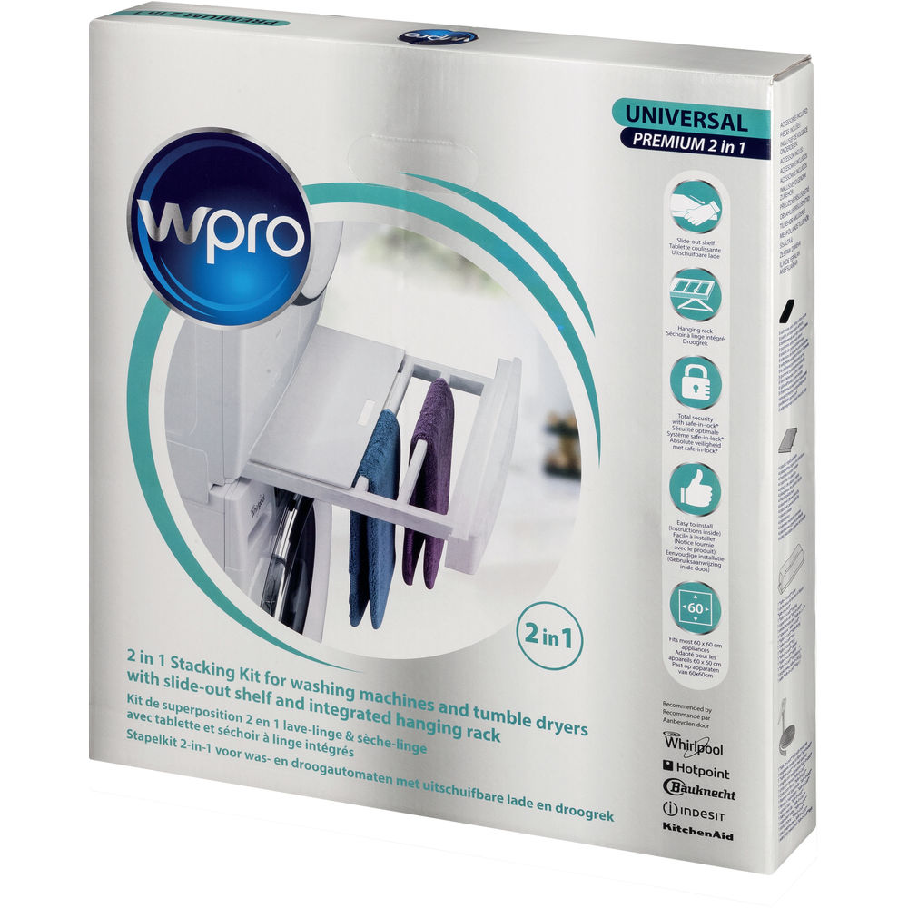White and blue Wpro 2 in 1 stacking kit box with hanging rack for washing machines and tumble dryers.