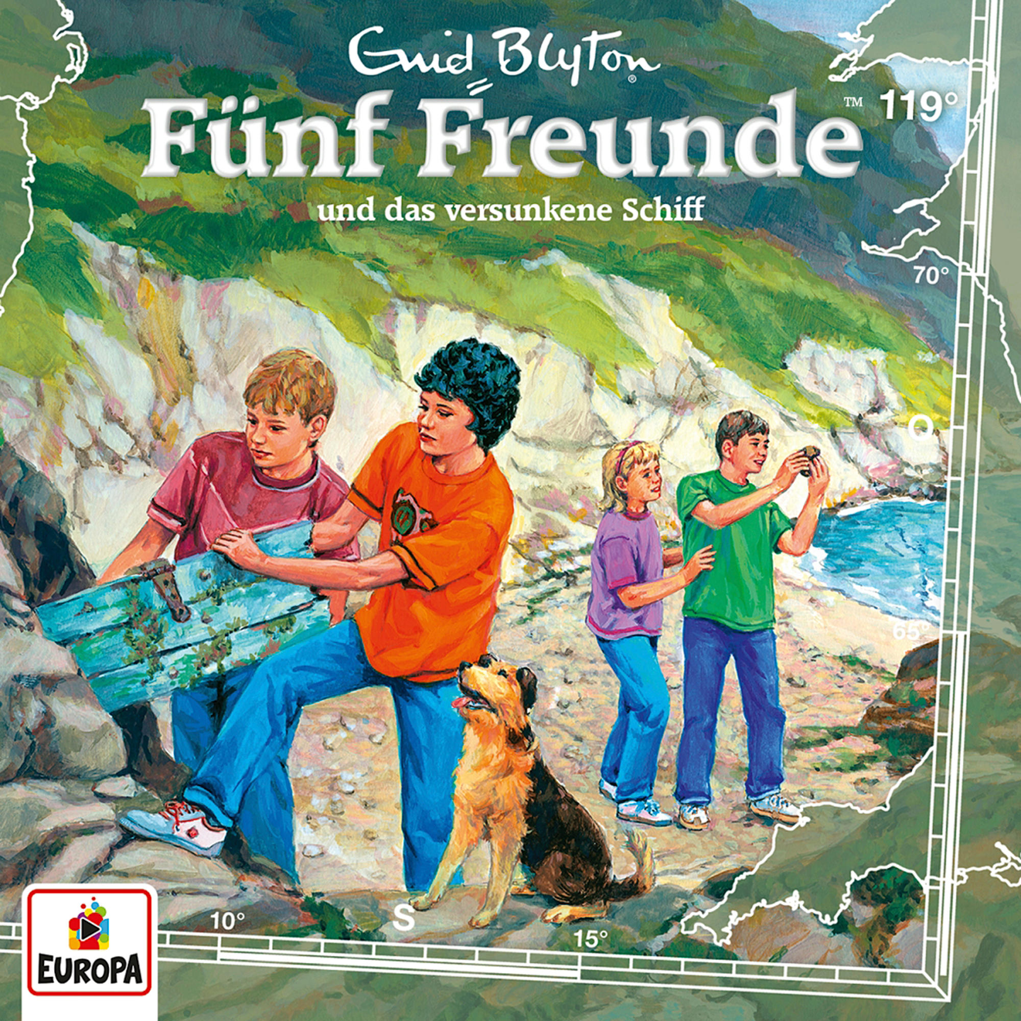 Buchcover mit vier Kindern und einem Hund am Strand. Der Titel ist auf Deutsch. Der Hintergrund ist eine Karte und eine felsige Küste.