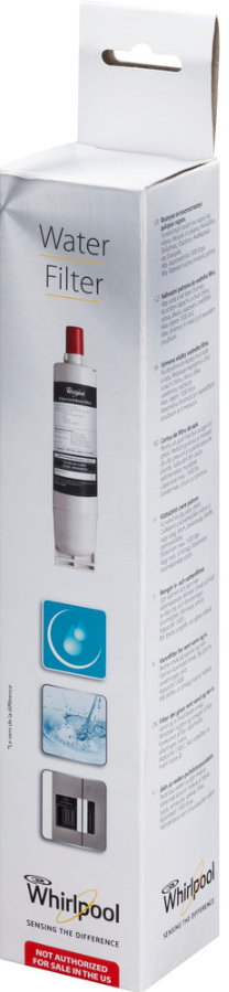 Witte doos voor een waterfilter. Het heeft de productnaam en een afbeelding van het filter. Whirlpool-logo aanwezig.