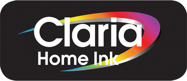 Claria Home Ink logo on a black background with a colorful swirl design above the words.