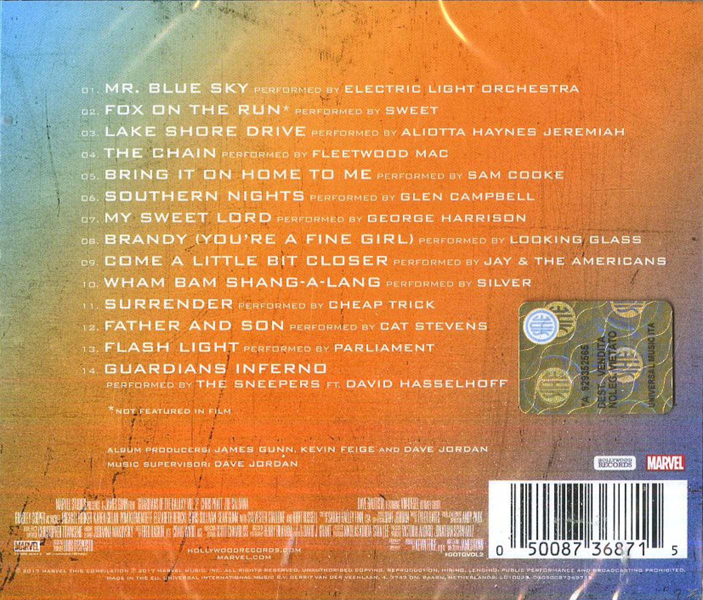 Rückseite einer CD mit Songtiteln, Künstlernamen und einem Barcode.