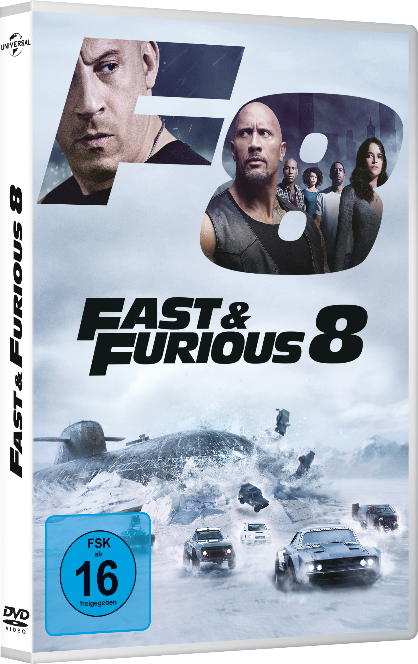 DVD-Cover von Fast & Furious 8 mit Cast, U-Boot und Autos im Eis.