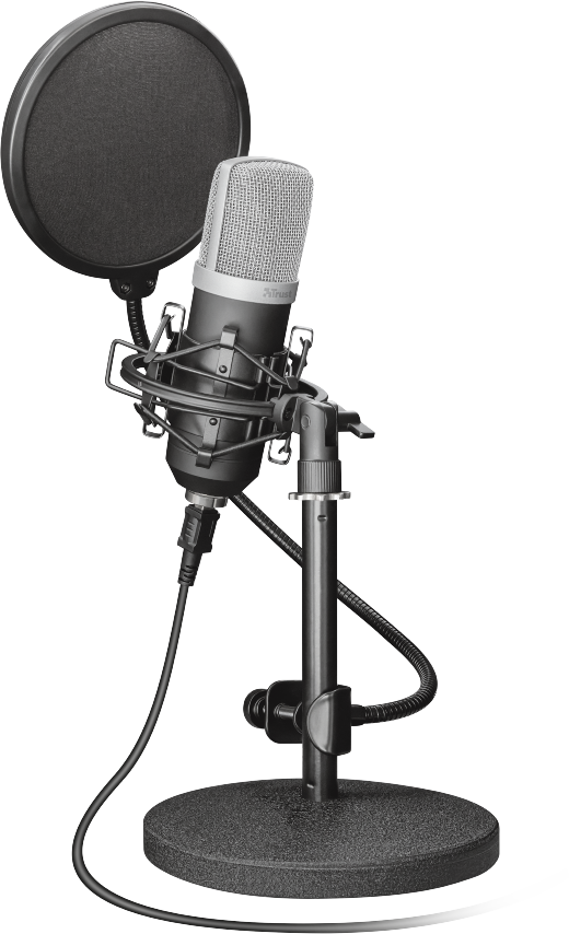 Een zwarte microfoon met popfilter op een standaard. Achtergrond zwart.