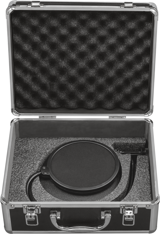 Open aluminium koffer met een zwart popfilter en schuimvulling. Het popfilter zit in de koffer.