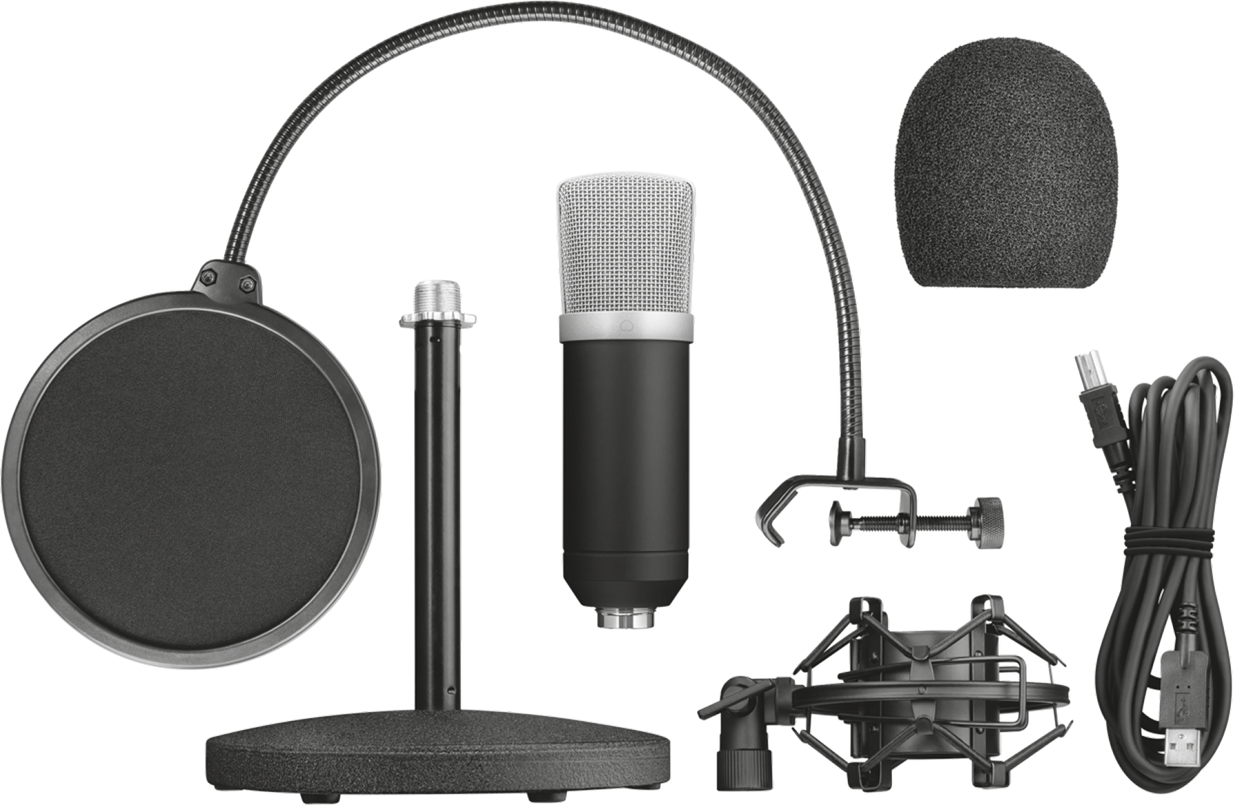 Microfoonset, inclusief microfoon, standaard, popfilter, shock mount en kabel.