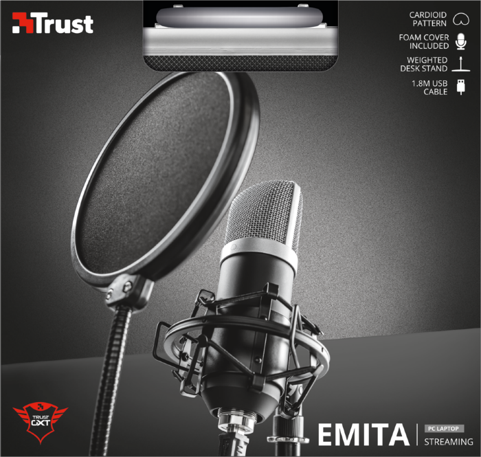 Een zwarte microfoon met een popfilter en standaard. 'Trust' en 'EMITA' zijn zichtbaar. PC Laptop Streaming.
