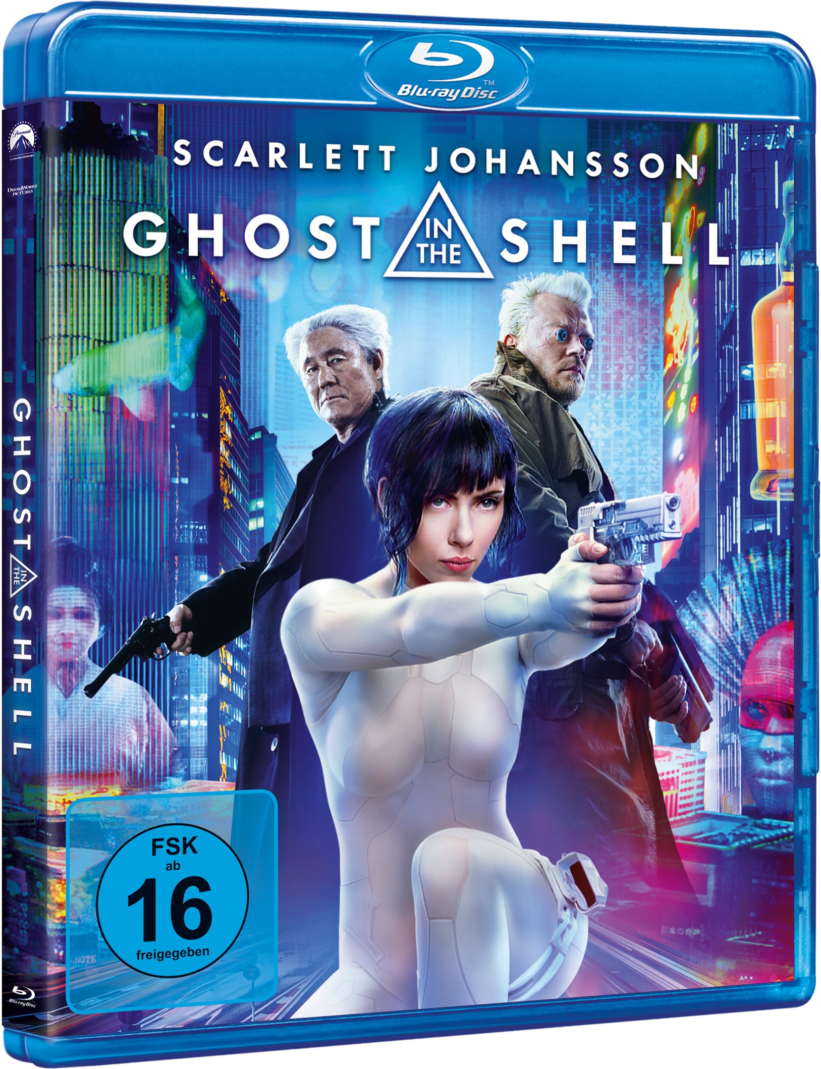 Blu-ray-Hülle mit Filmcover. Scarlett Johansson und zwei Männer mit Waffen.