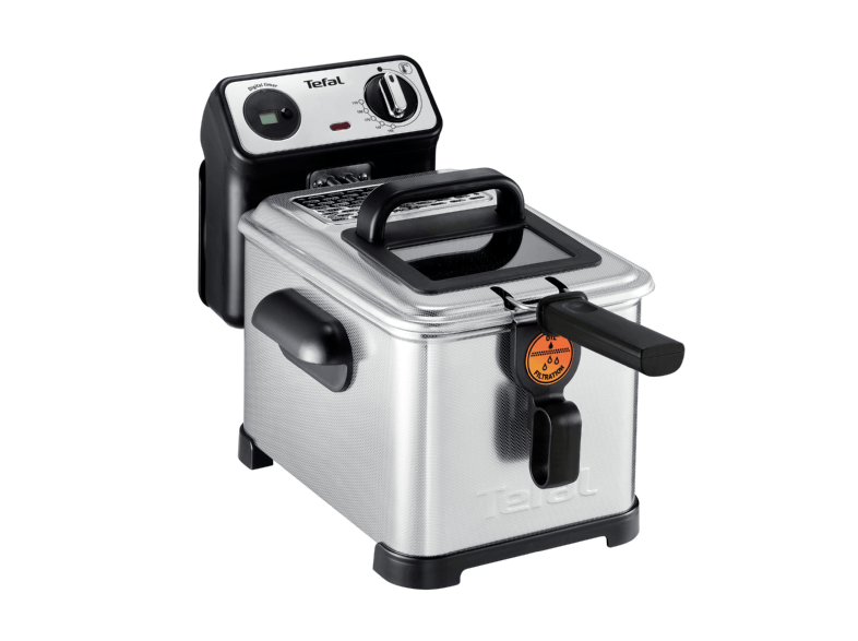 Tefal stainless steel deep fryer, angled shot.