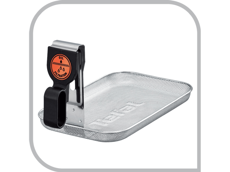 Stainless steel oil filtration system with a black handle and orange label.