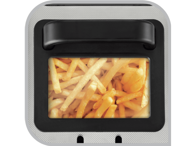 Air fryer with a black door and a view of golden french fries inside.