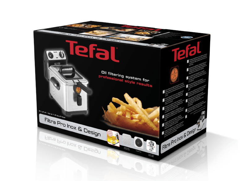 Tefal Filtra Pro Inox & Design deep fryer box with fries and fryer image.