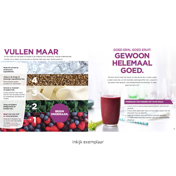 Recipe steps with ingredients and a smoothie. A glass is filled with red smoothie, green celery next to it.