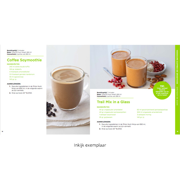 Page with coffee and smoothie recipes, with images of the drinks. Dutch text.