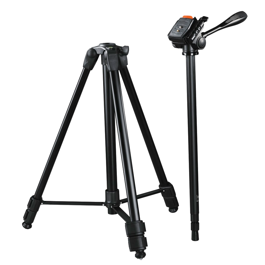 Állvány és monopod készlet. Fekete állványok, az állvány nyitva van, a monopod pedig áll.
