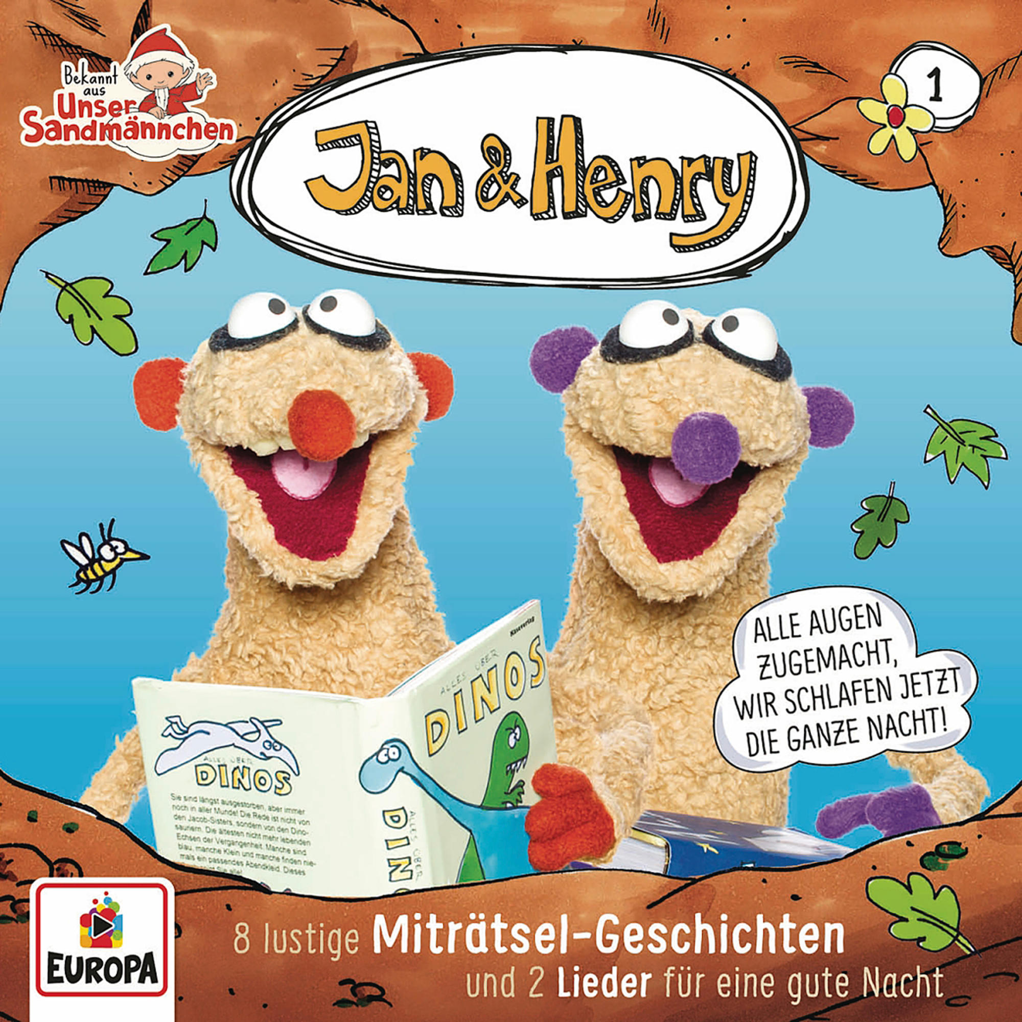 Zwei Puppen lesen ein Buch mit Text und einem Buchcover 'Jan & Henry'.