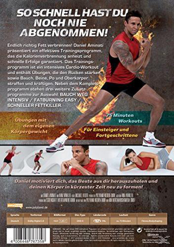 DVD-Cover mit Mann im roten Training und kleineren Bildern von Workouts. Text auf Deutsch.