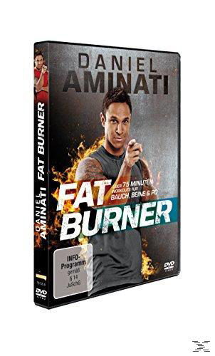DVD-Cover: Daniel Aminati, Fat Burner. Mann in grauem Oberteil, Flammen und Text auf schwarzem Grund.
