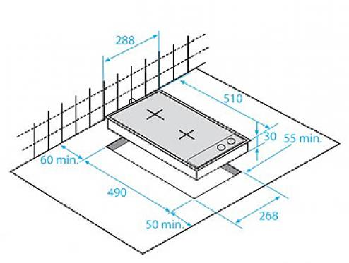 Főzőlap diagramja méretekkel. Téglalap alakú, két főzőfelülettel.
